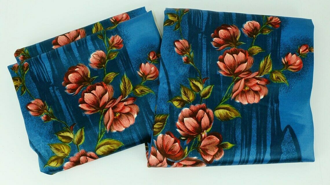 Beautiful 1950s Fabric Curtain Fabric Satin With Floral Pattern 2 Panels Of 94 1/2" X 47 1/4" photo for sale