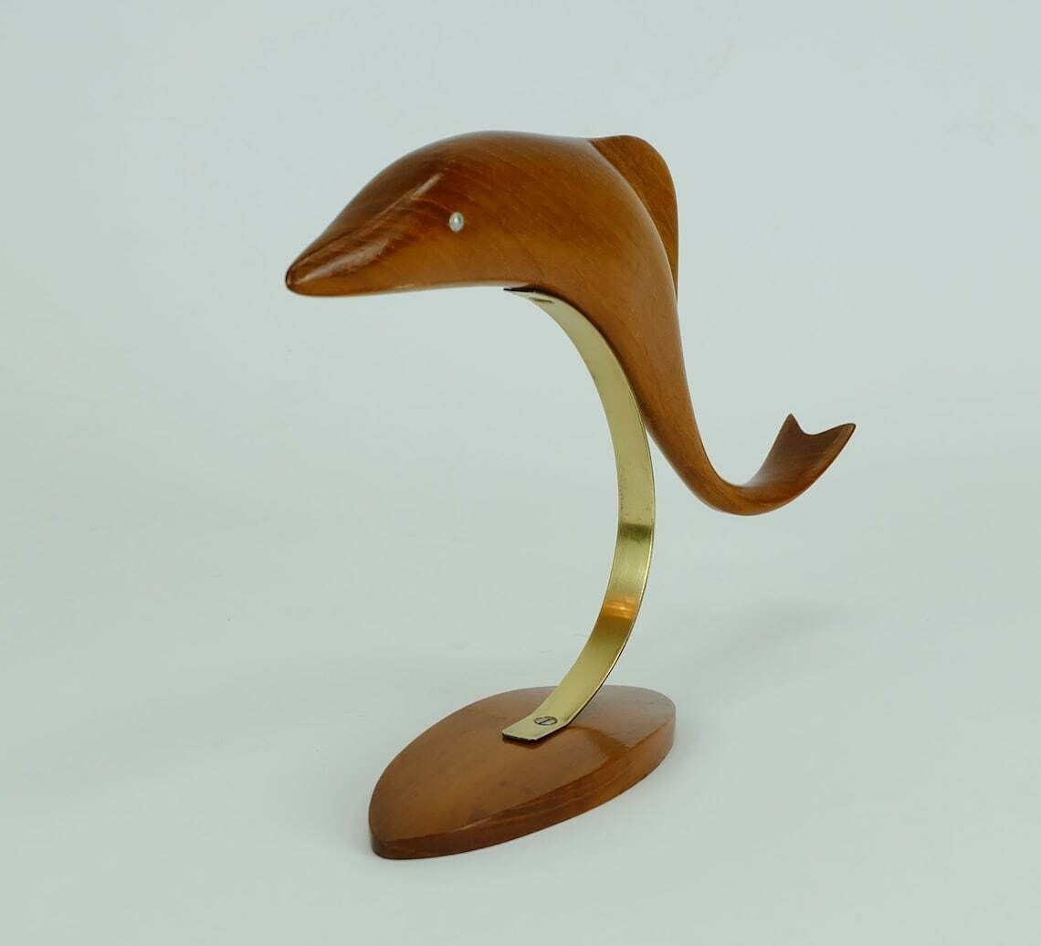 Beautiful Elegant Mid Century Wood Figurine Fish Dolphin Cherrywood Brass 1950s Deco photo 82.263