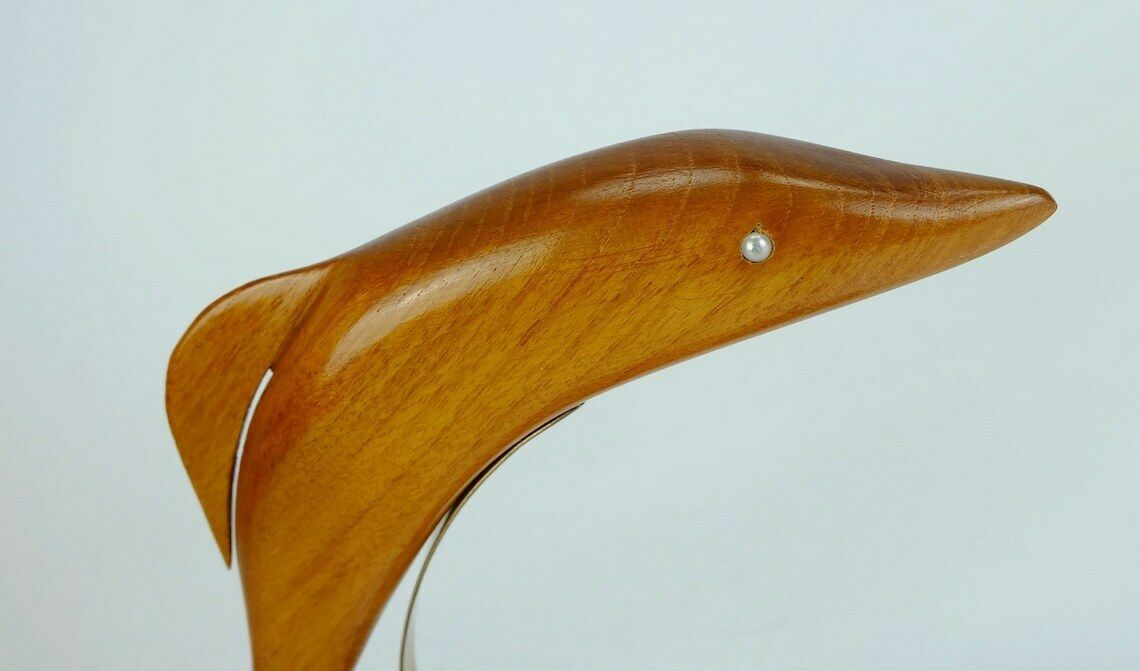 Beautiful Elegant Mid Century Wood Figurine Fish Dolphin Cherrywood Brass 1950s Deco photo vinterior