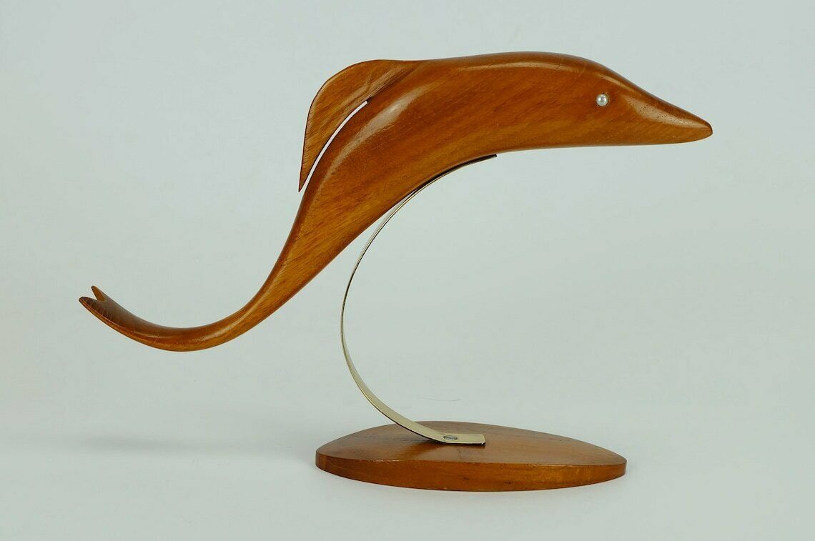 Beautiful Elegant Mid Century Wood Figurine Fish Dolphin Cherrywood Brass 1950s Deco photo buy