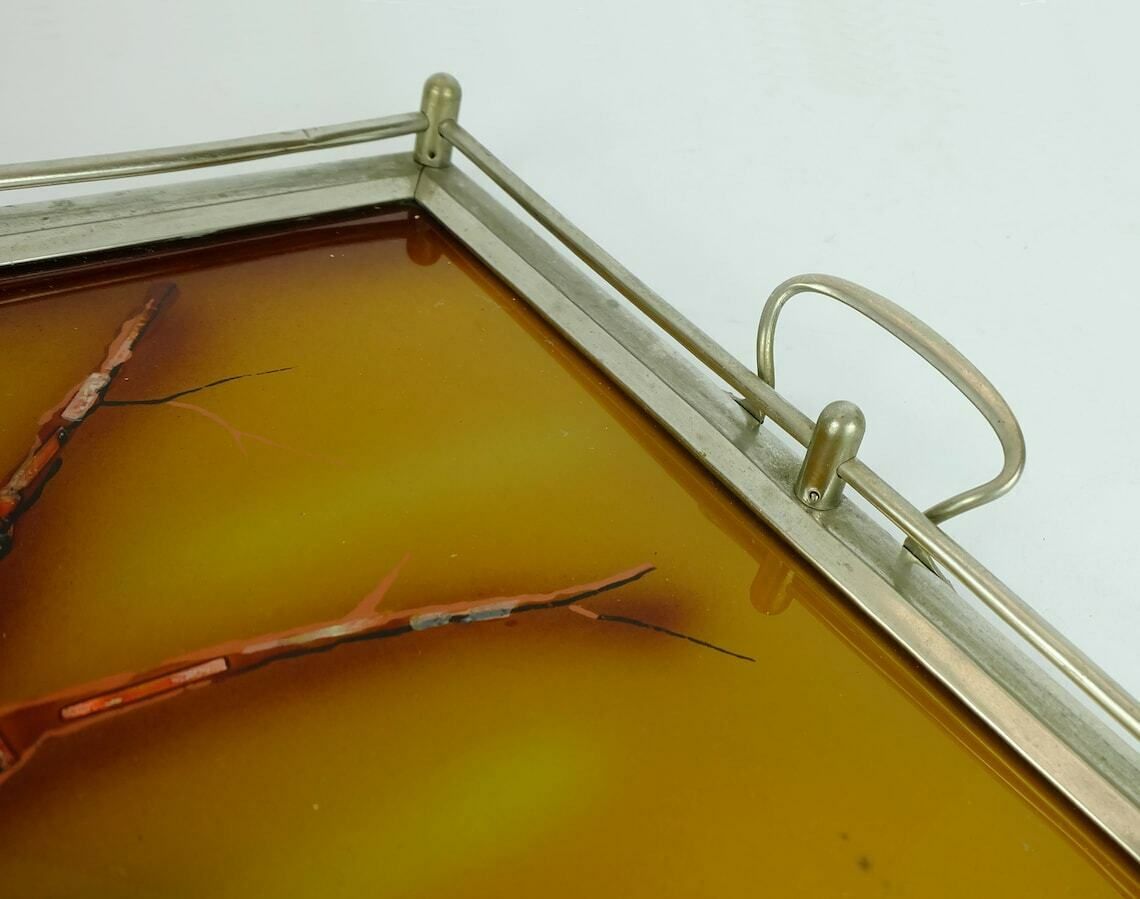 Very Beautiful Large Art Déco Tray  Glass Metal Parrot Motif 1920s 30s photo buy