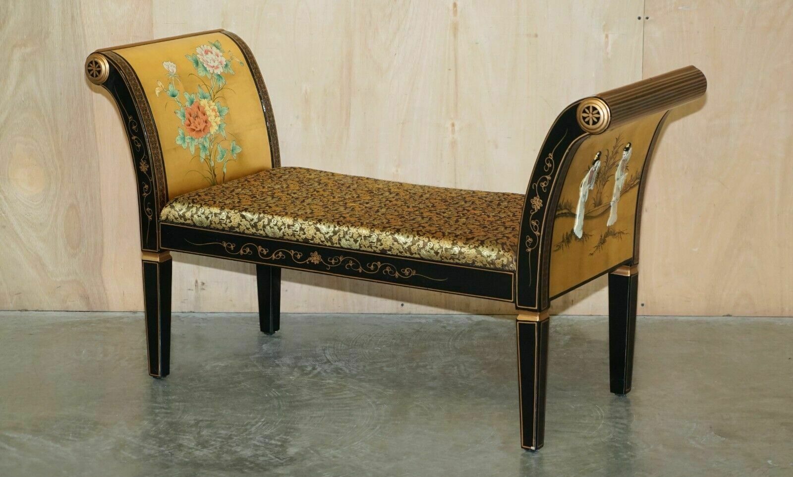Antique Mother Of Pearl Soapstone Geisha Girl Carved Chinese Chinoiserie Bench