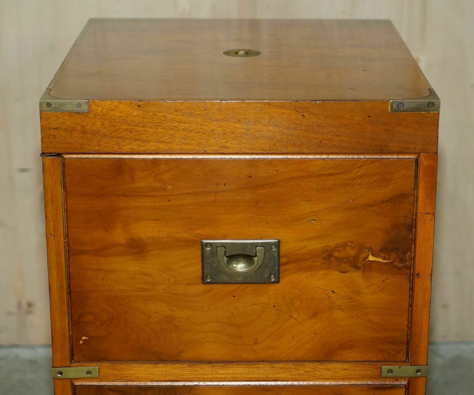 Burr Yew & Elm Wood Military Campaign Drinks Cabinet Hidden Inside A Side Table photo for sale