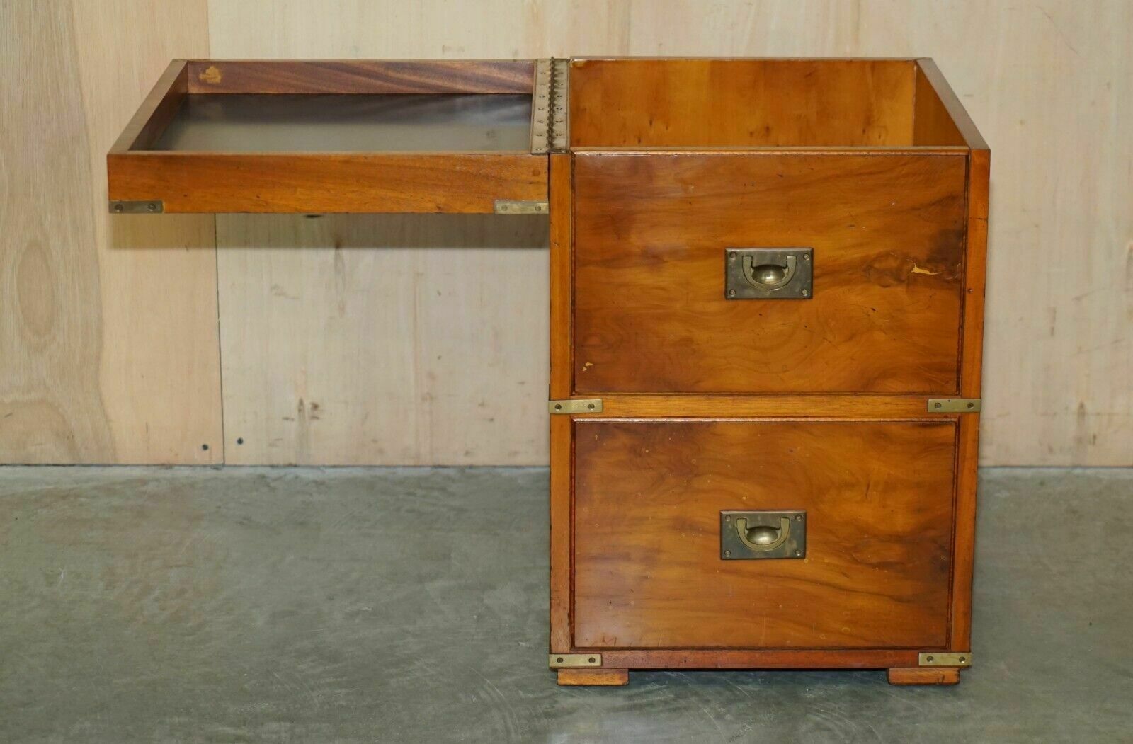 950.0 Burr Yew & Elm Wood Military Campaign Drinks Cabinet Hidden Inside A Side Table photo