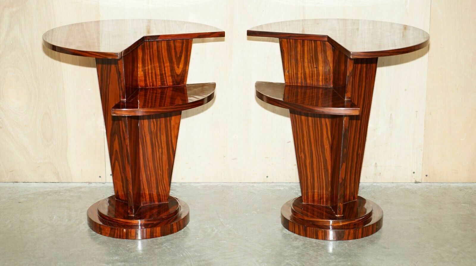 Pair Of Lovely Vintage Art Deco Style Two Tier Macassar Wood Side End Tables photo furniture