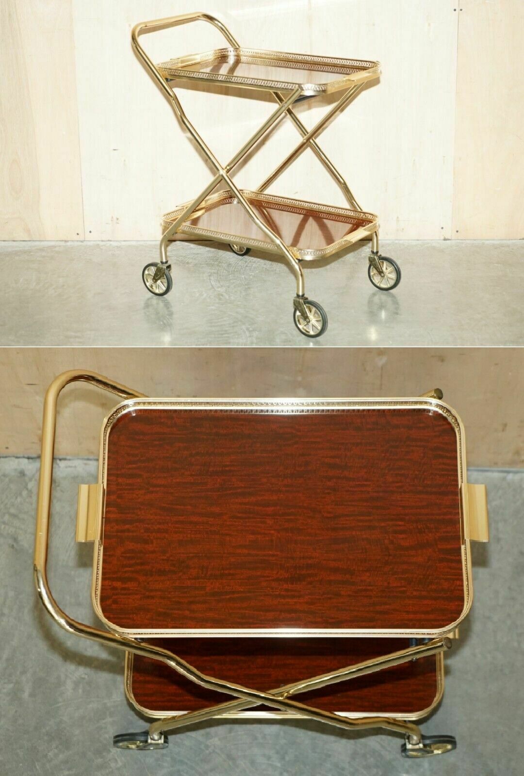 Mid Century Folding Rosewood Brass 1950's Drinks Trolley With Removable Trays