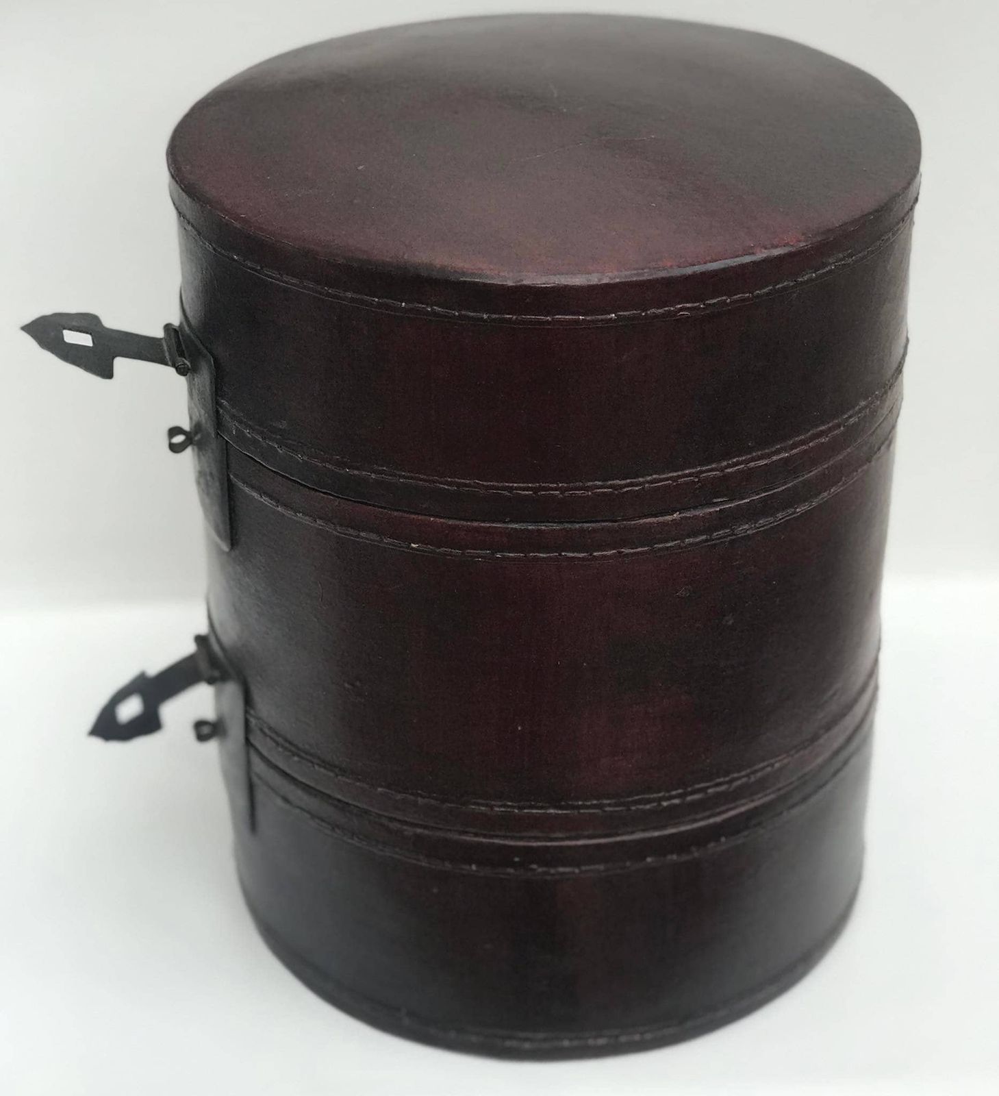 Hat Box Double Chinese Antique Leather Lacquered Decorative Box Brass Lock And Lid Mandarin Antique Round Wooden Storage Box Decorative Item photo for sale