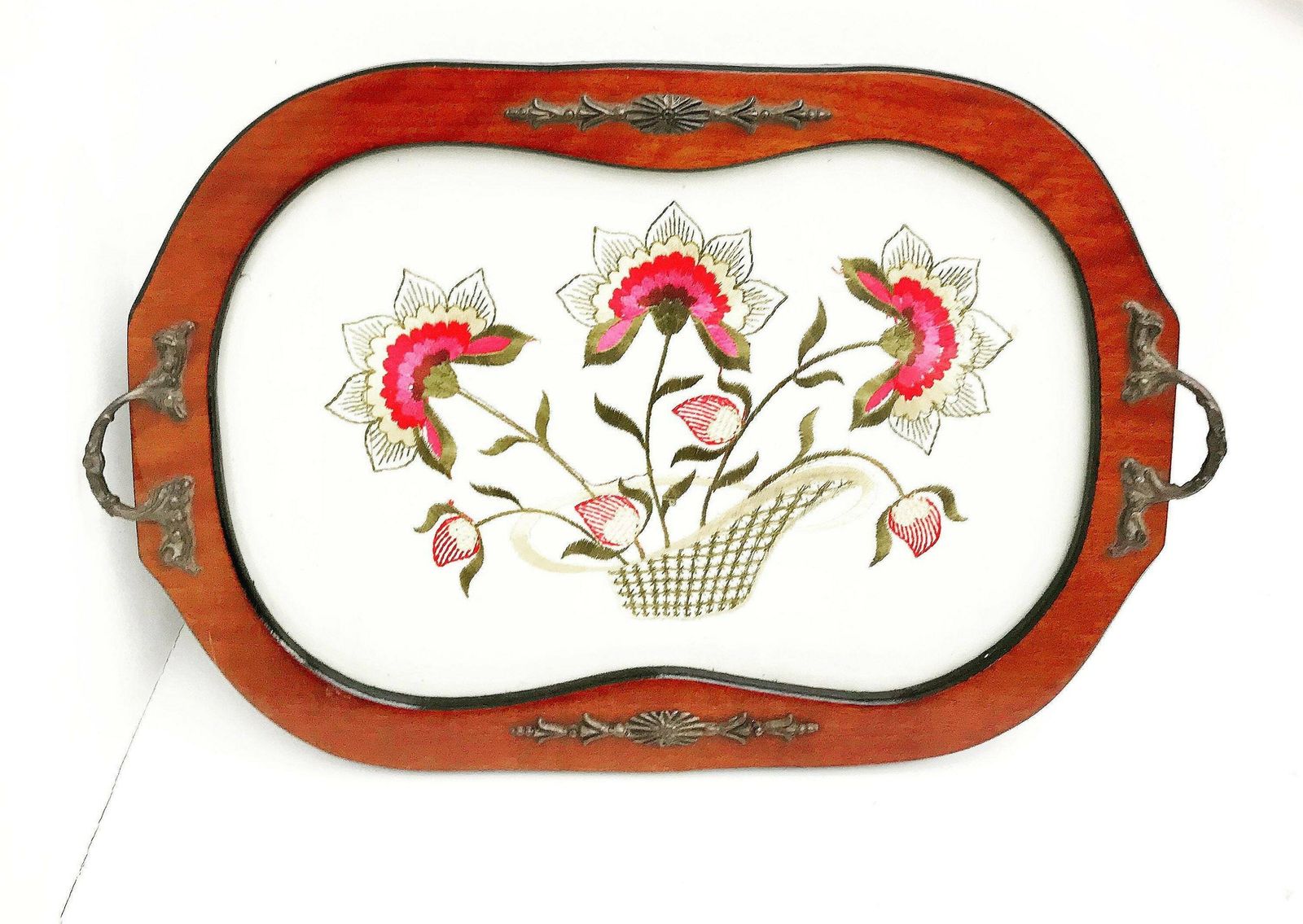 Antiek Dienblad Van Hout En Glas Met Geborduurd Interieur – Rechthoekig – Art Deco Bloemmotief – Twee Handgrepen – Cadeau photo furniture