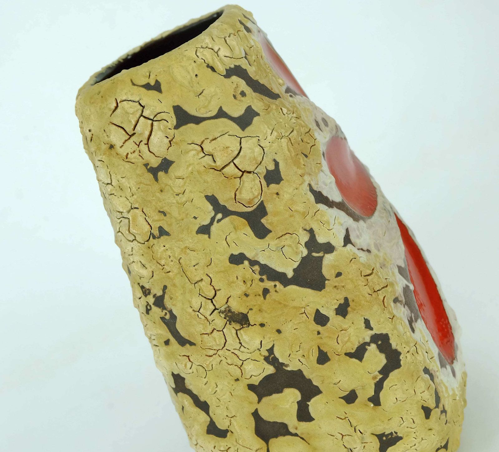 Mid Century Fat Lava Vase Es Keramik Wgp Brown Beige Glaze Red Leaf Pattern photo vinterior