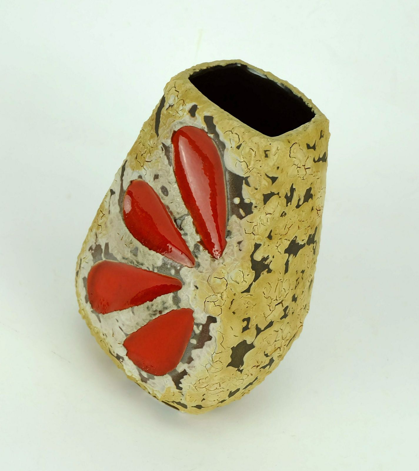 Mid Century Fat Lava Vase Es Keramik Wgp Brown Beige Glaze Red Leaf Pattern photo buy