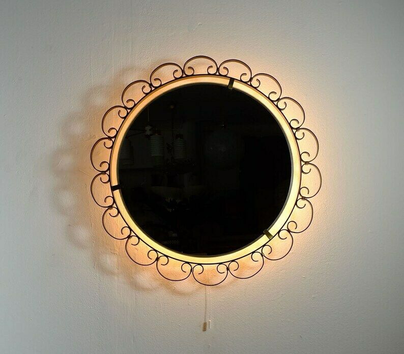 photo furniture Round Mid Century Modern Illuminated Wall Mirror With Iron And Brass Frame Hillebrand 1960s