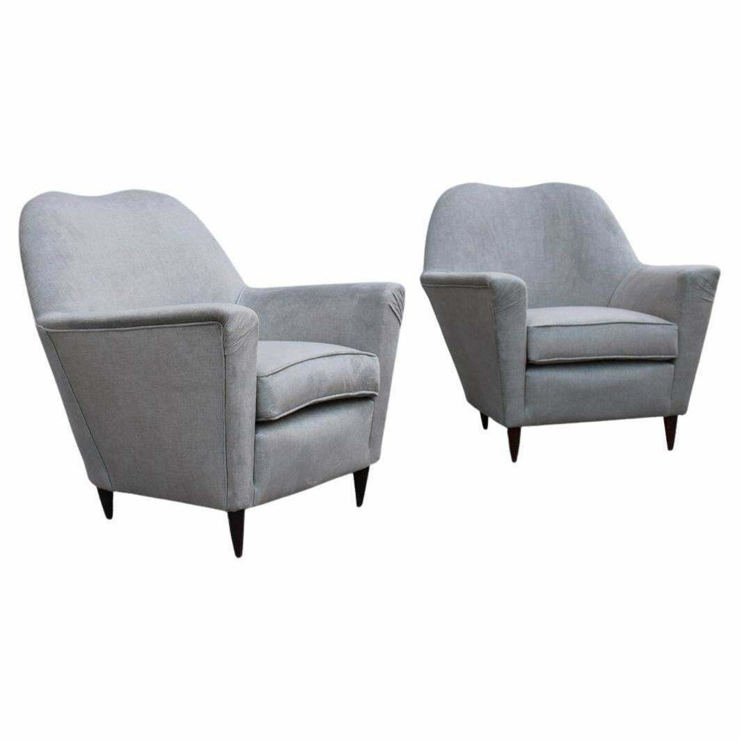 Pair Of Midcentury Italian Armchairs In Ico Parisi Style Gray Velvet