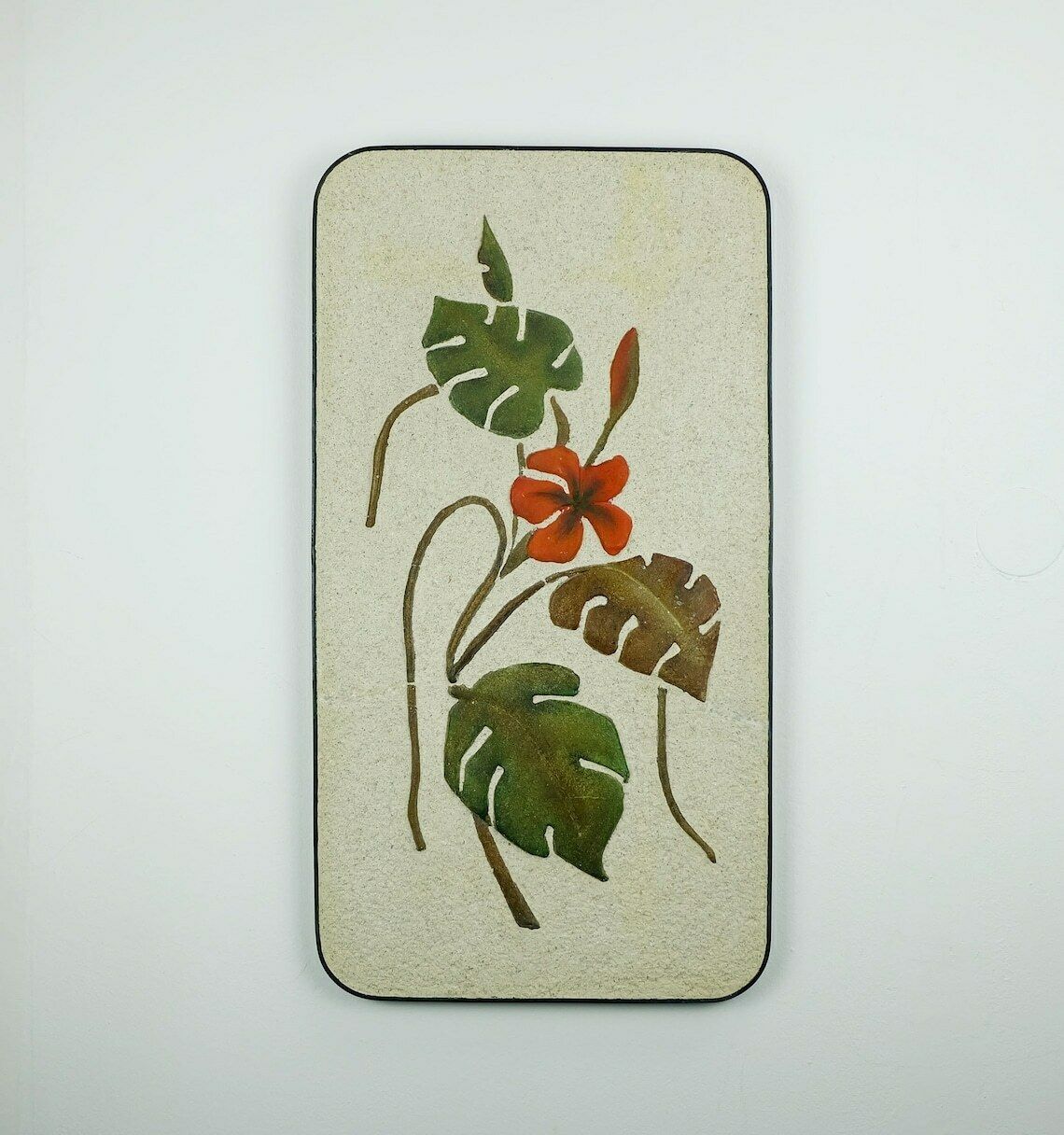Groot Vintage Kroesselbach Mid Century Keramisch Wandtegel Met Gips, Blad  En Bloesemmotief, Ca. Jaren 1950, Wgp photo 244.3695