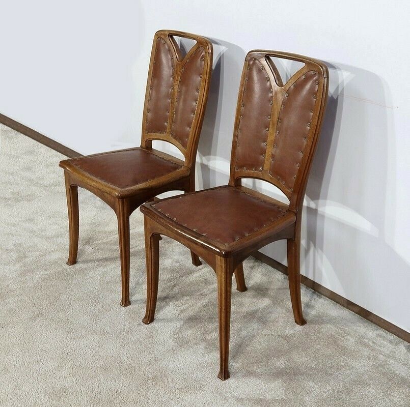 Pair Of Walnut Chairs, School Of Nancy, Art Nouveau, 1900 photo furniture