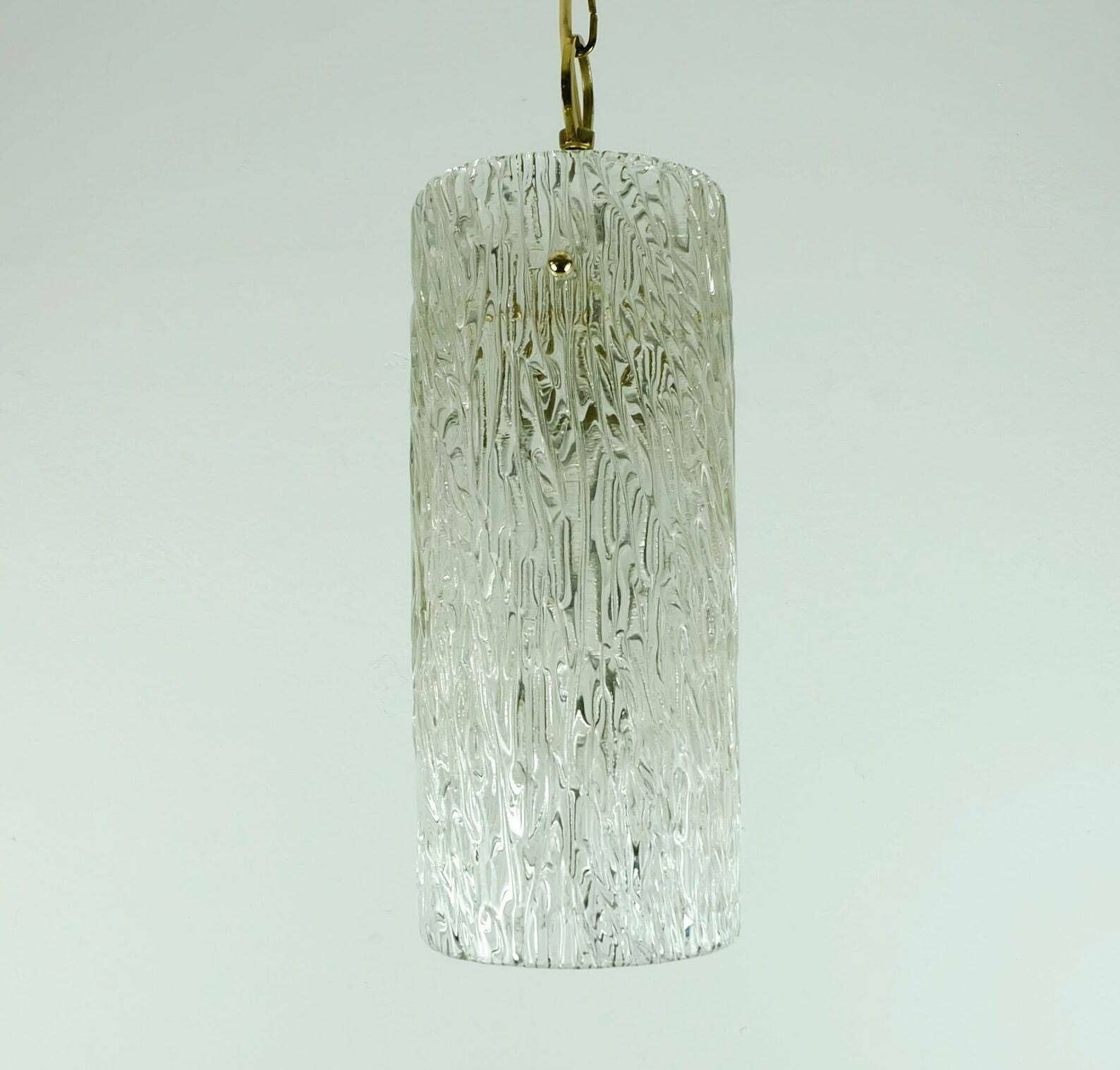 Elegant Mid Century 1950s Pendant Lamp Kalmar Franken Ice Glass Textured Glass Brass photo furniture