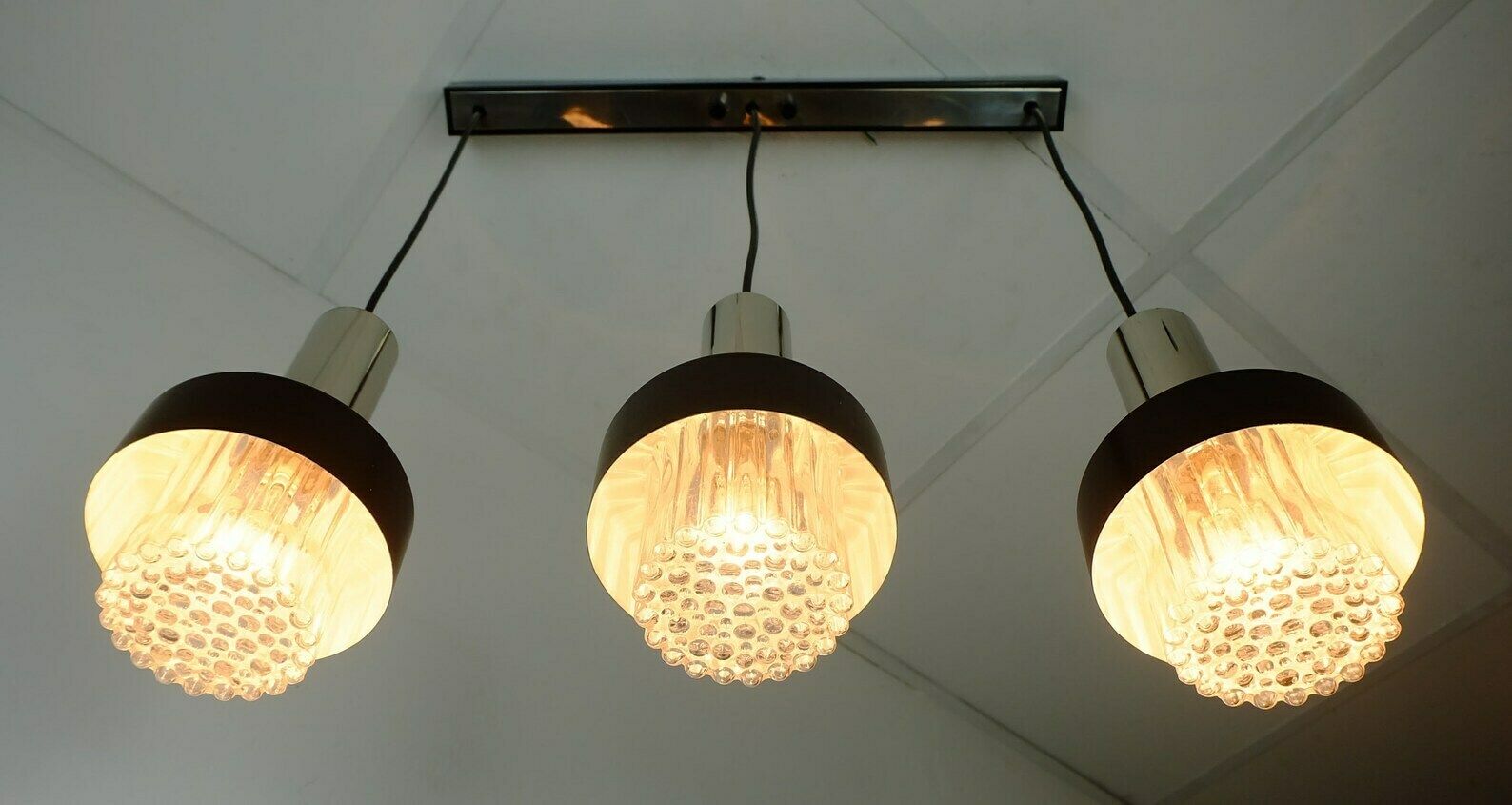 Mid Century Modern 3 Light Pendant Lamp Glass And Chrome And Black Metal 1960s photo vinterior