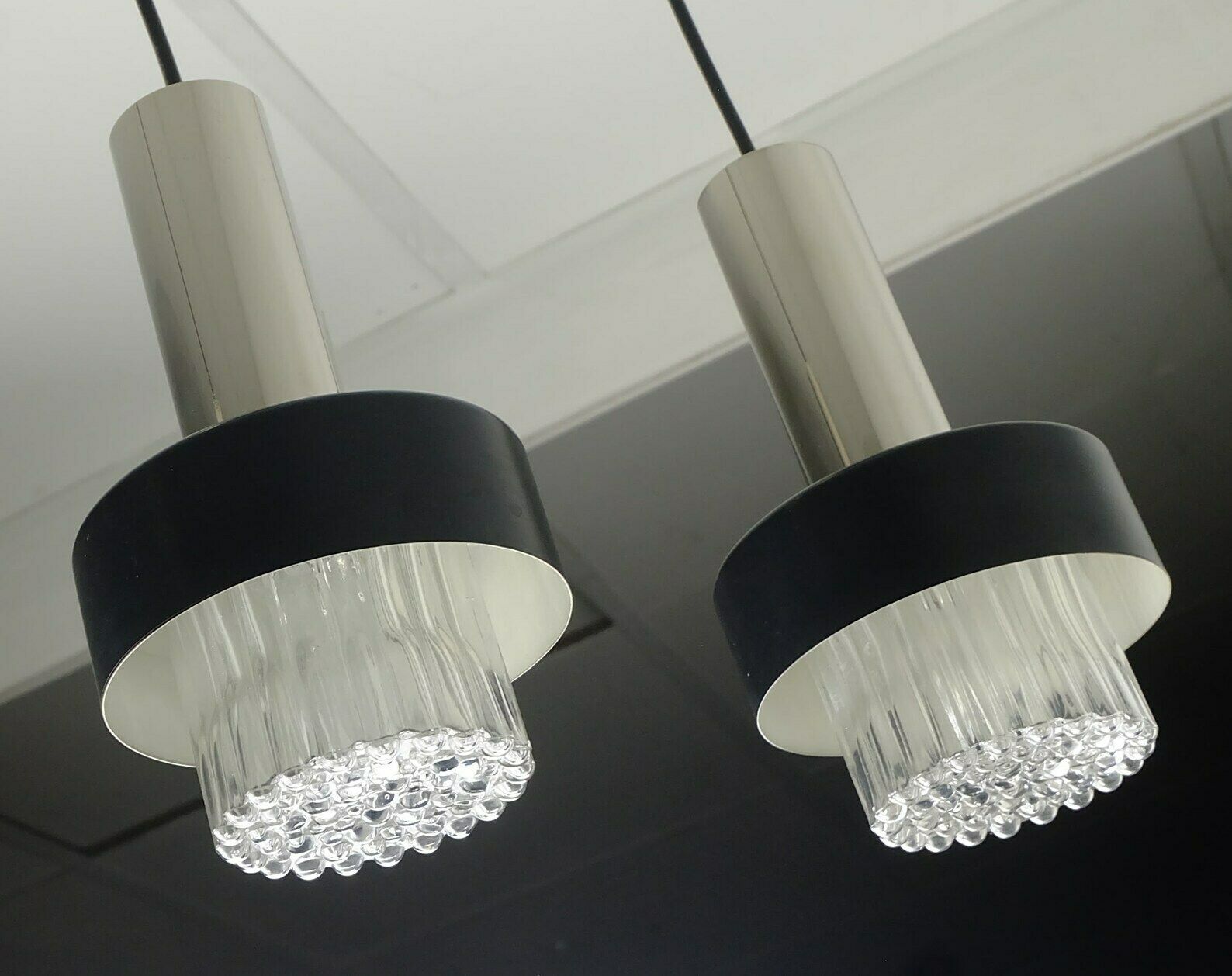 Mid Century Modern 3 Light Pendant Lamp Glass And Chrome And Black Metal 1960s photo buy