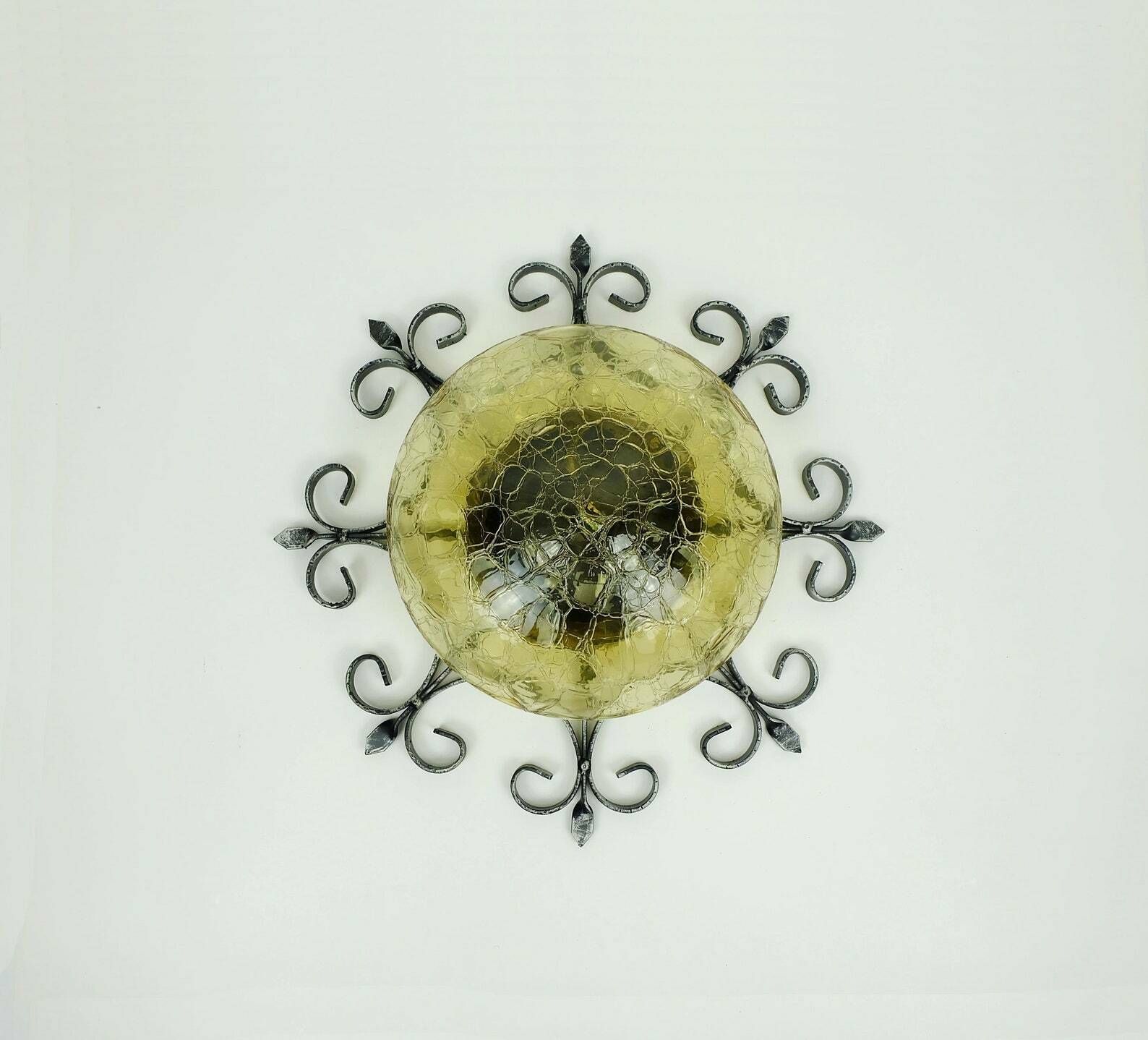Outstanding 1970's Modernist Brutalist Wall Lamp Sconce Wrought Iron And Amber Glass