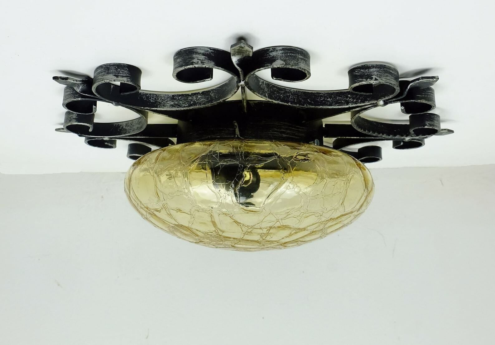 photo furniture Outstanding 1970's Modernist Brutalist Wall Lamp Sconce Wrought Iron And Amber Glass