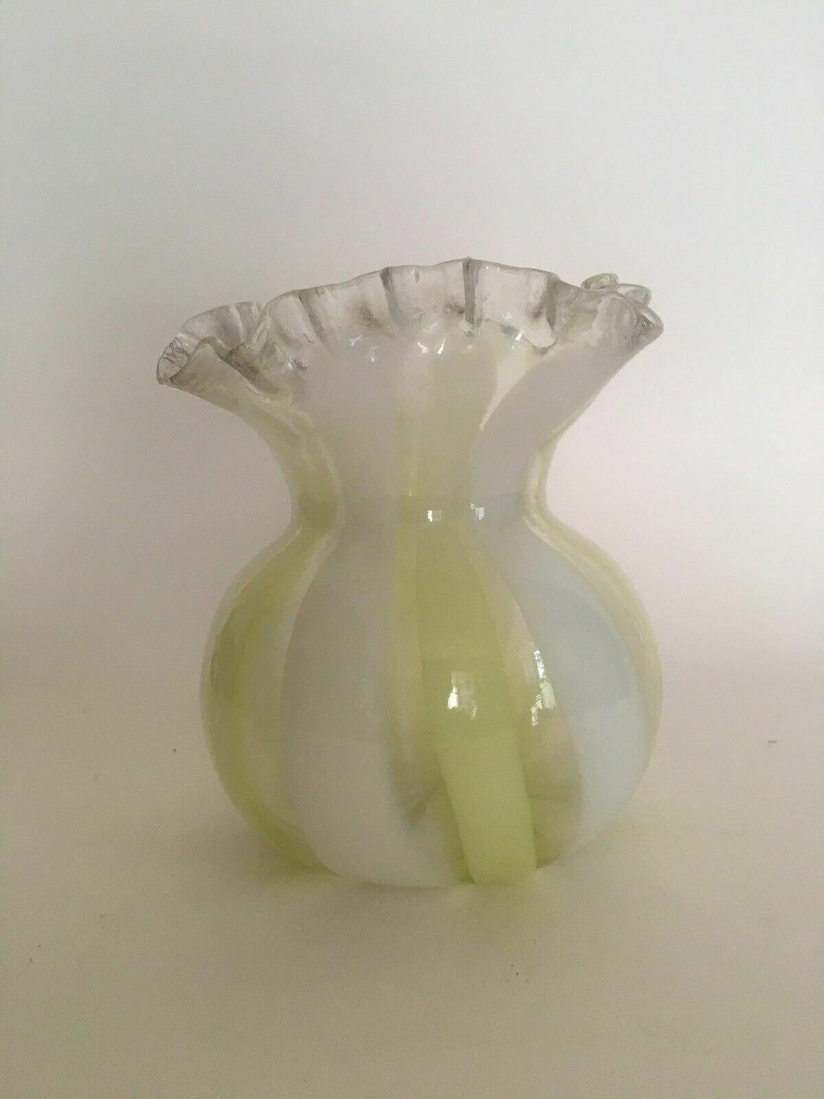 Victorian Vaseline Glass Vase Frill Rim Candy Stripe Antique Art Glass photo furniture