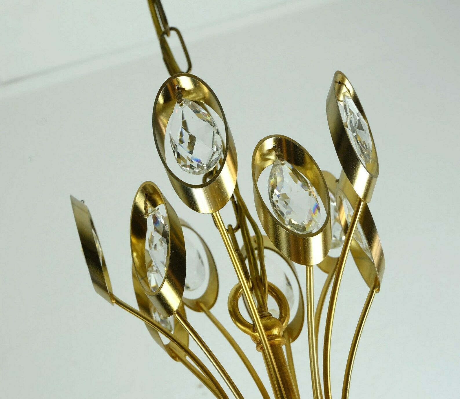 Elegant Mid Century Pendant Light Chandelier Palwa Crystal Glass And Gilt Brass photo buy