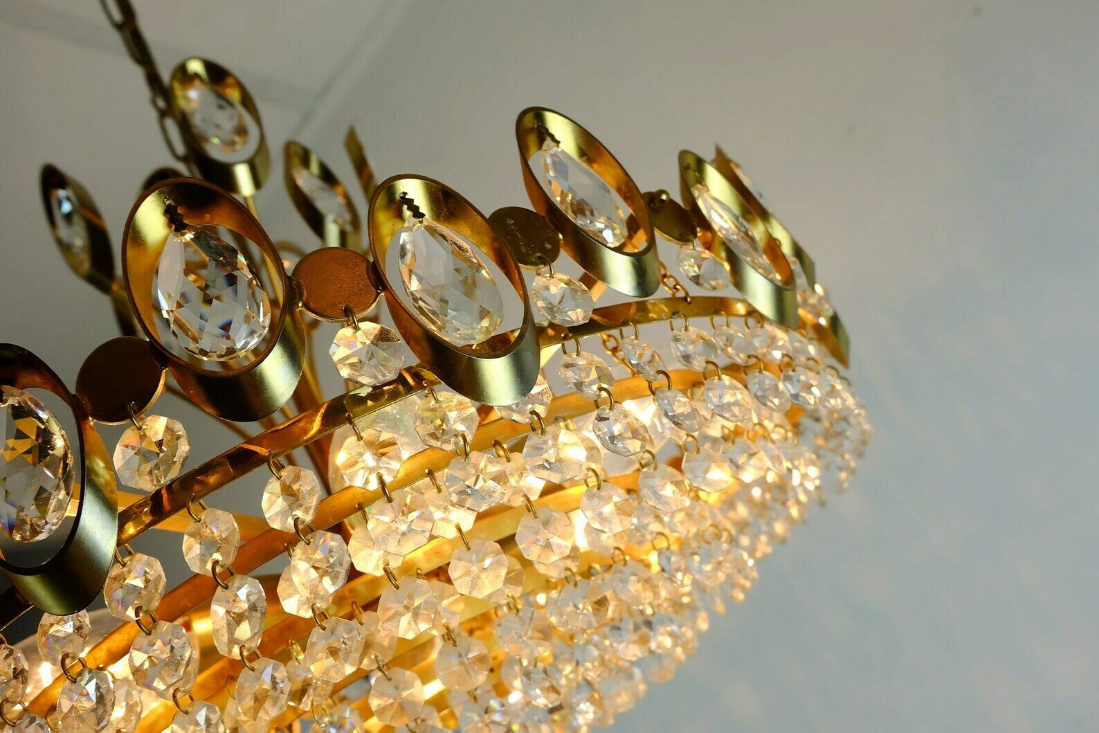 Elegant Mid Century Pendant Light Chandelier Palwa Crystal Glass And Gilt Brass photo vintage
