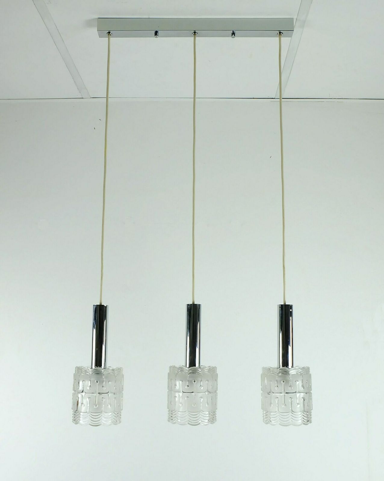 Mid Century Modern 3 Light Pendant Lamp Glass And Chrome Hillebrand photo for sale