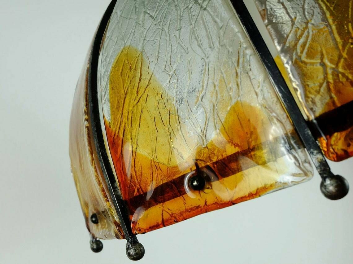 Brutalist Mid Century Pendant Lamp Wrought Iron And Wonderful Murano Glass 60s 70s photo furniture