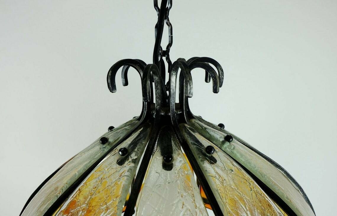 Brutalist Mid Century Pendant Lamp Wrought Iron And Wonderful Murano Glass 60s 70s photo vinterior