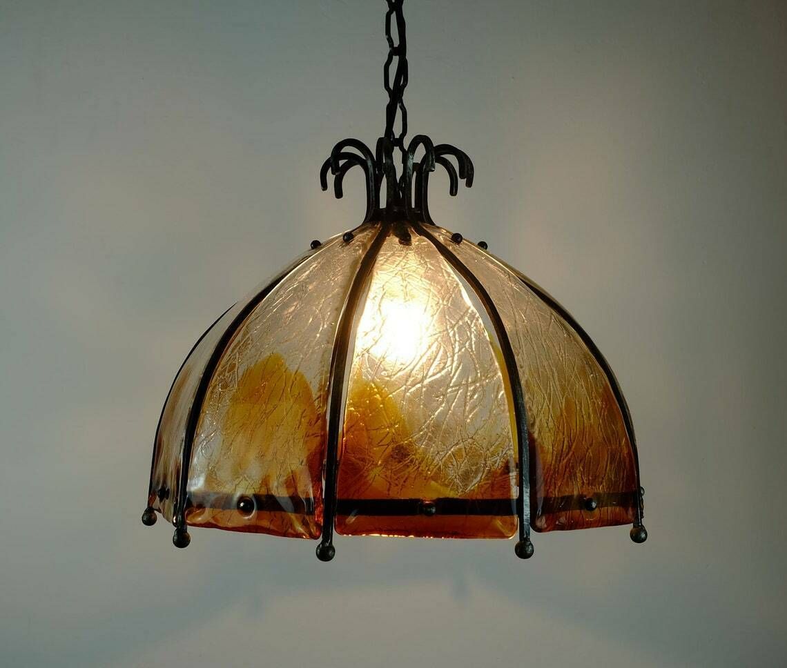 Brutalist Mid Century Pendant Lamp Wrought Iron And Wonderful Murano Glass 60s 70s photo buy