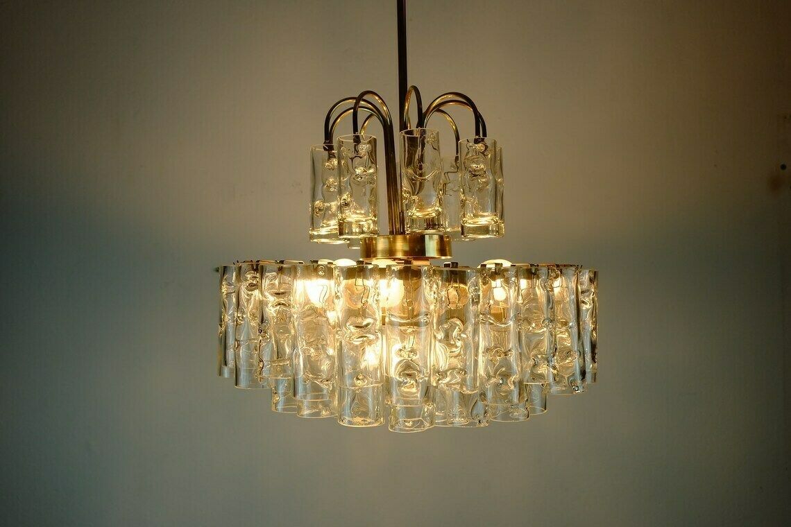 4 Tier Doria Mid Century Chandelier With 62 Glass Tubes Ice Glass Structured Glass 60s Hanging Lamp photo for sale
