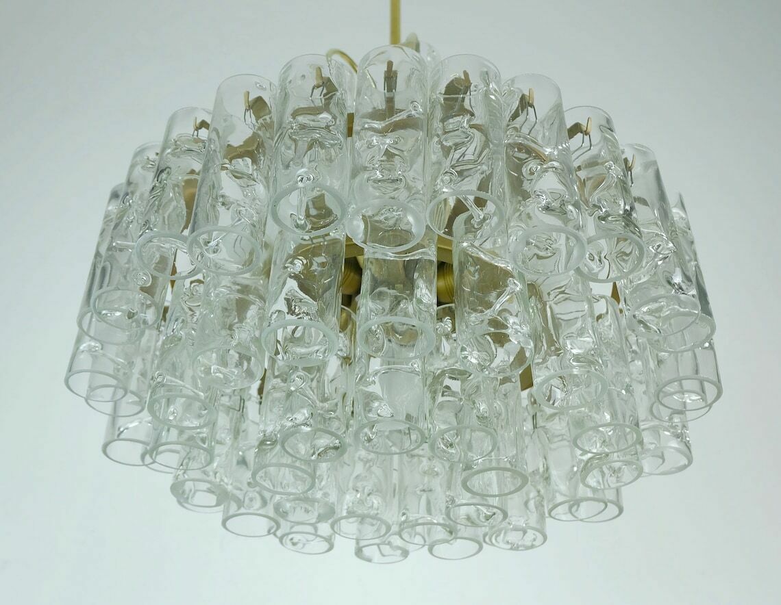4 Tier Doria Mid Century Chandelier With 62 Glass Tubes Ice Glass Structured Glass 60s Hanging Lamp photo 898.441