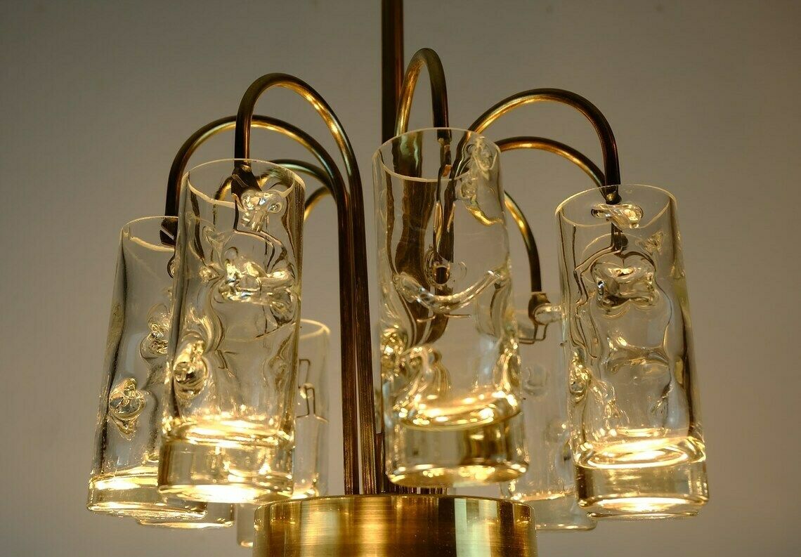 4 Tier Doria Mid Century Chandelier With 62 Glass Tubes Ice Glass Structured Glass 60s Hanging Lamp photo vinterior