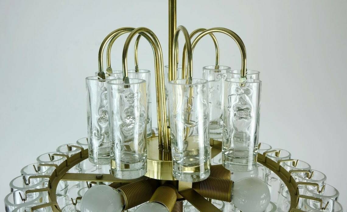 photo for sale 4 Tier Doria Mid Century Chandelier With 62 Glass Tubes Ice Glass Structured Glass 60s Hanging Lamp