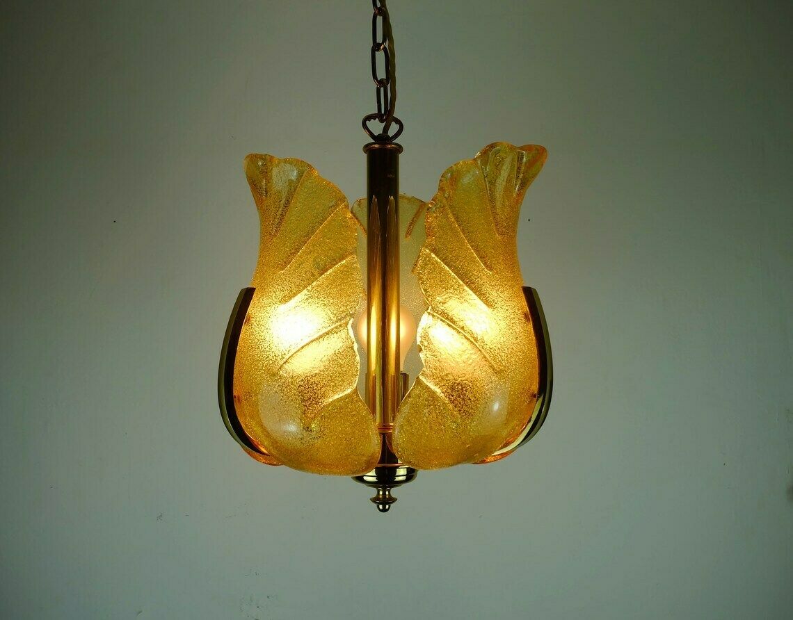 Mid Century Pendant Lamp Brass Amber Glass 1960s Small Chandelier photo furniture
