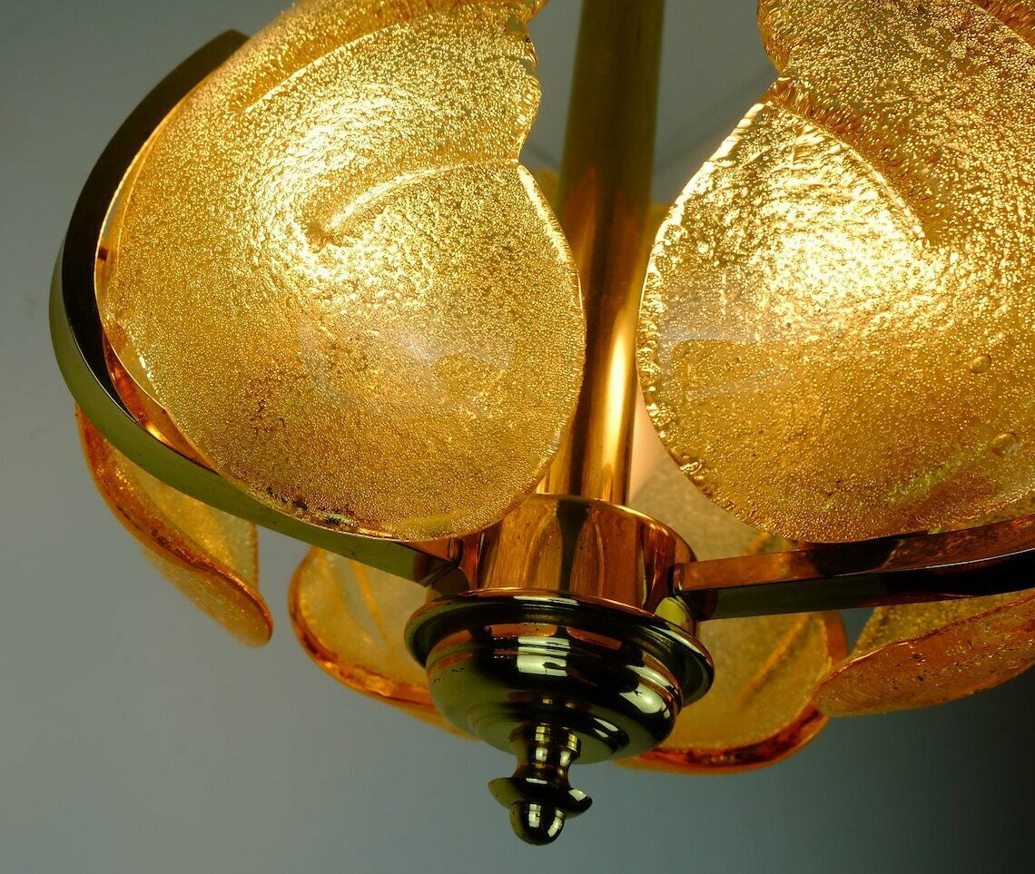 Mid Century Pendant Lamp Brass Amber Glass 1960s Small Chandelier photo 354.0535