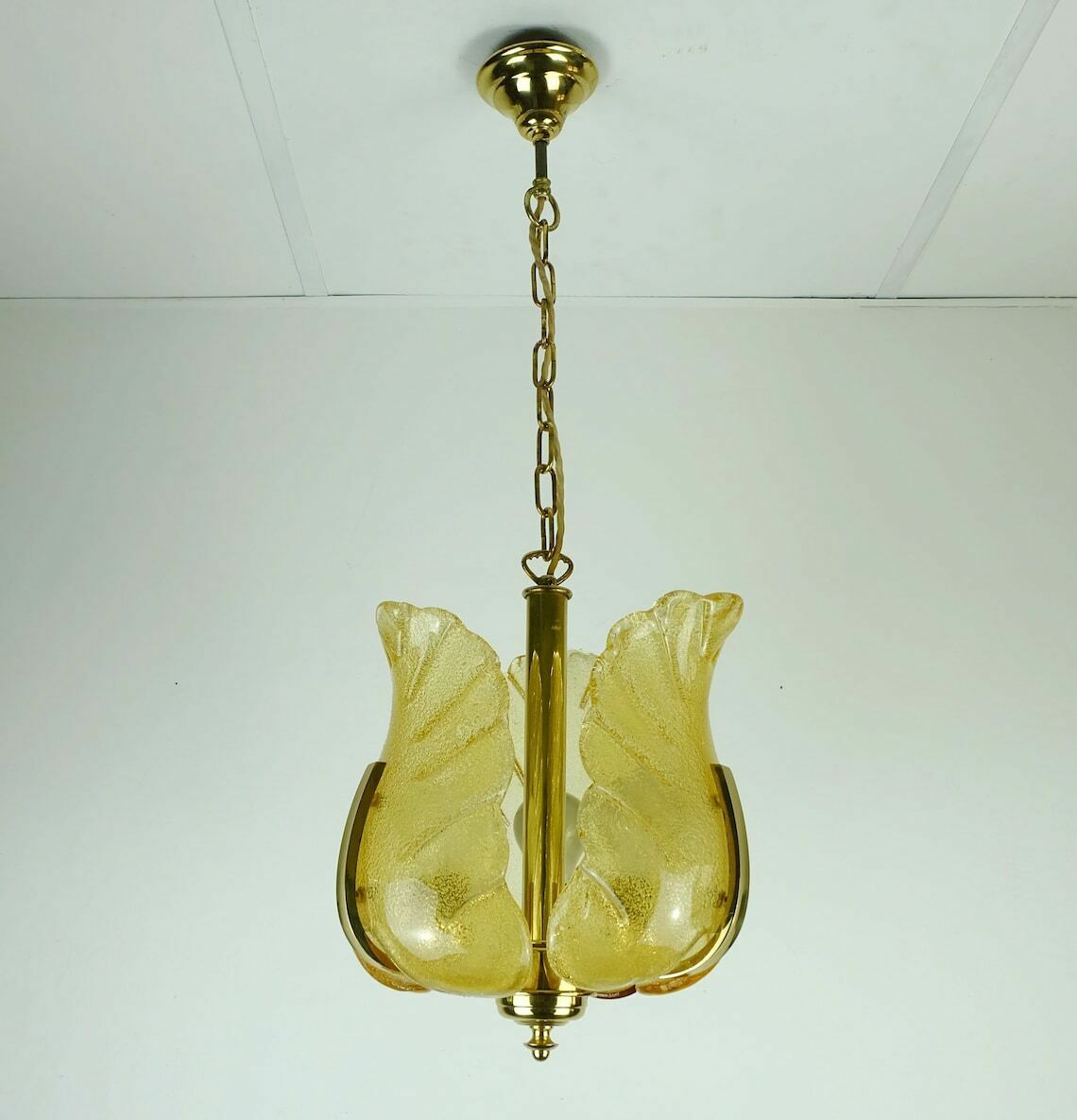 Mid Century Pendant Lamp Brass Amber Glass 1960s Small Chandelier photo vinterior