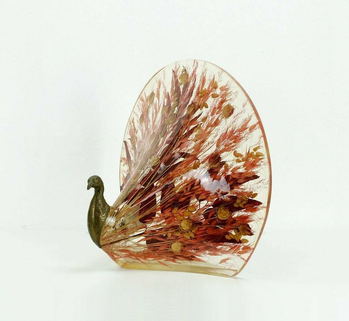 Rare And Outstanding Vintage Table Lamp Peacock Shape Brass Resin With Leaves And Grasses 1970s
