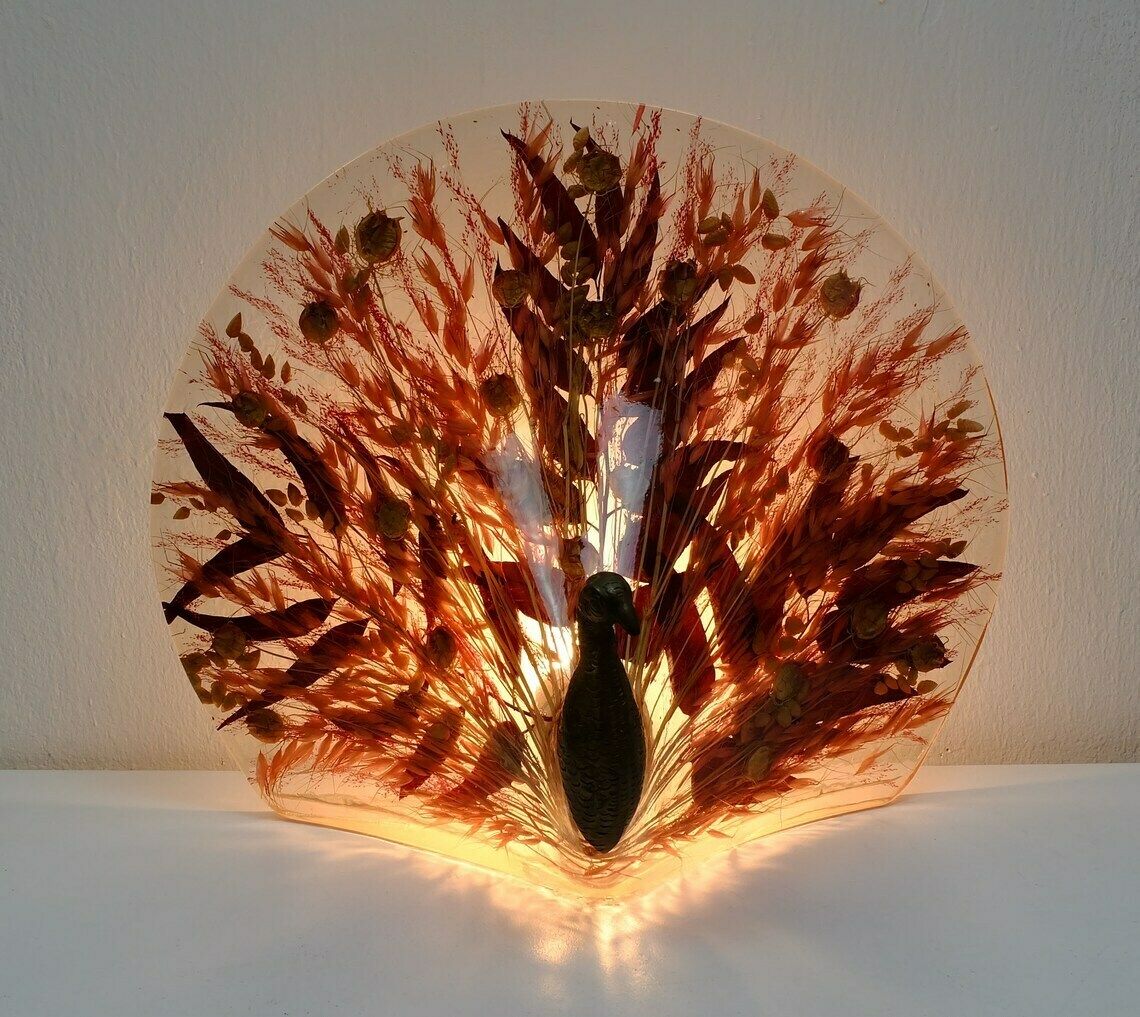 Rare And Outstanding Vintage Table Lamp Peacock Shape Brass Resin With Leaves And Grasses 1970s photo vintage