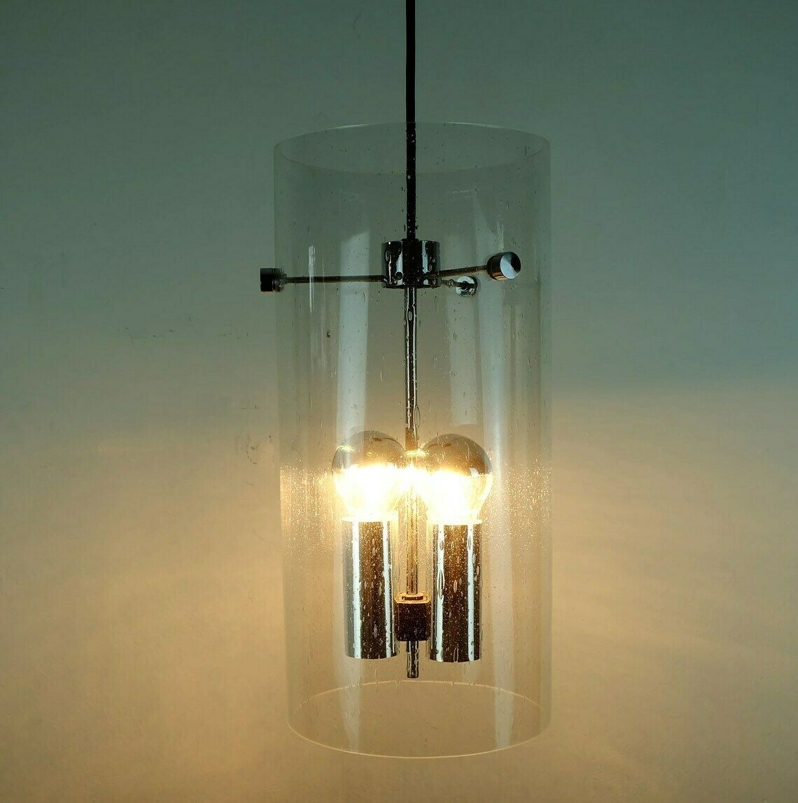 Huge Glashuette Limburg Pendant Light Cylindrical Bubble Glass Shade And Chrome 1970s Model 4399 photo Lighting