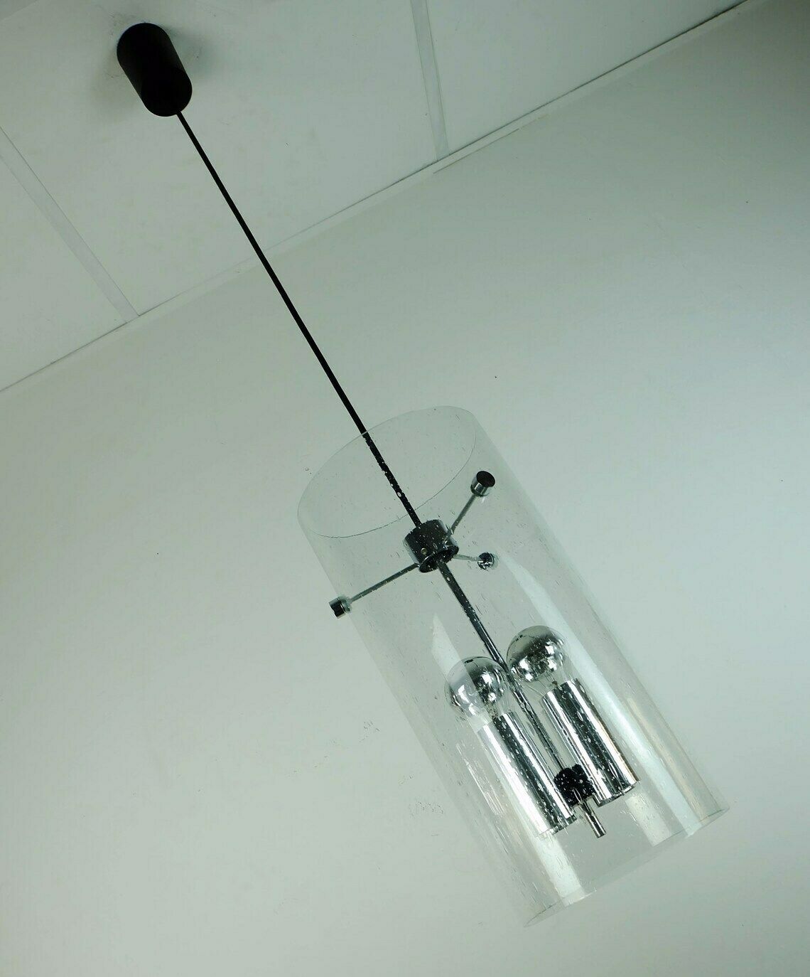 Huge Glashuette Limburg Pendant Light Cylindrical Bubble Glass Shade And Chrome 1970s Model 4399 photo vintage