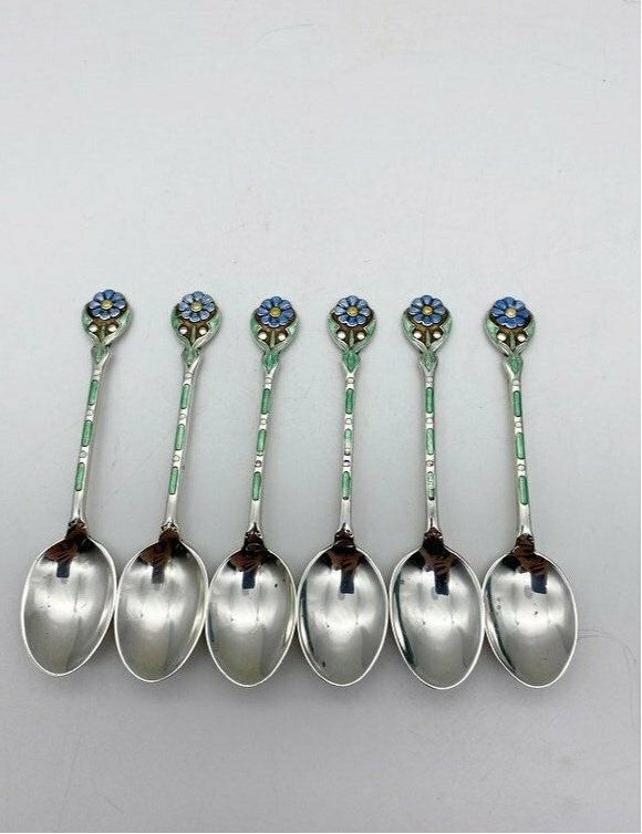 Antique Set Of 6 Small Dessert Spoons Sterling Silver & Enamel Floral Thomas Streetin photo furniture
