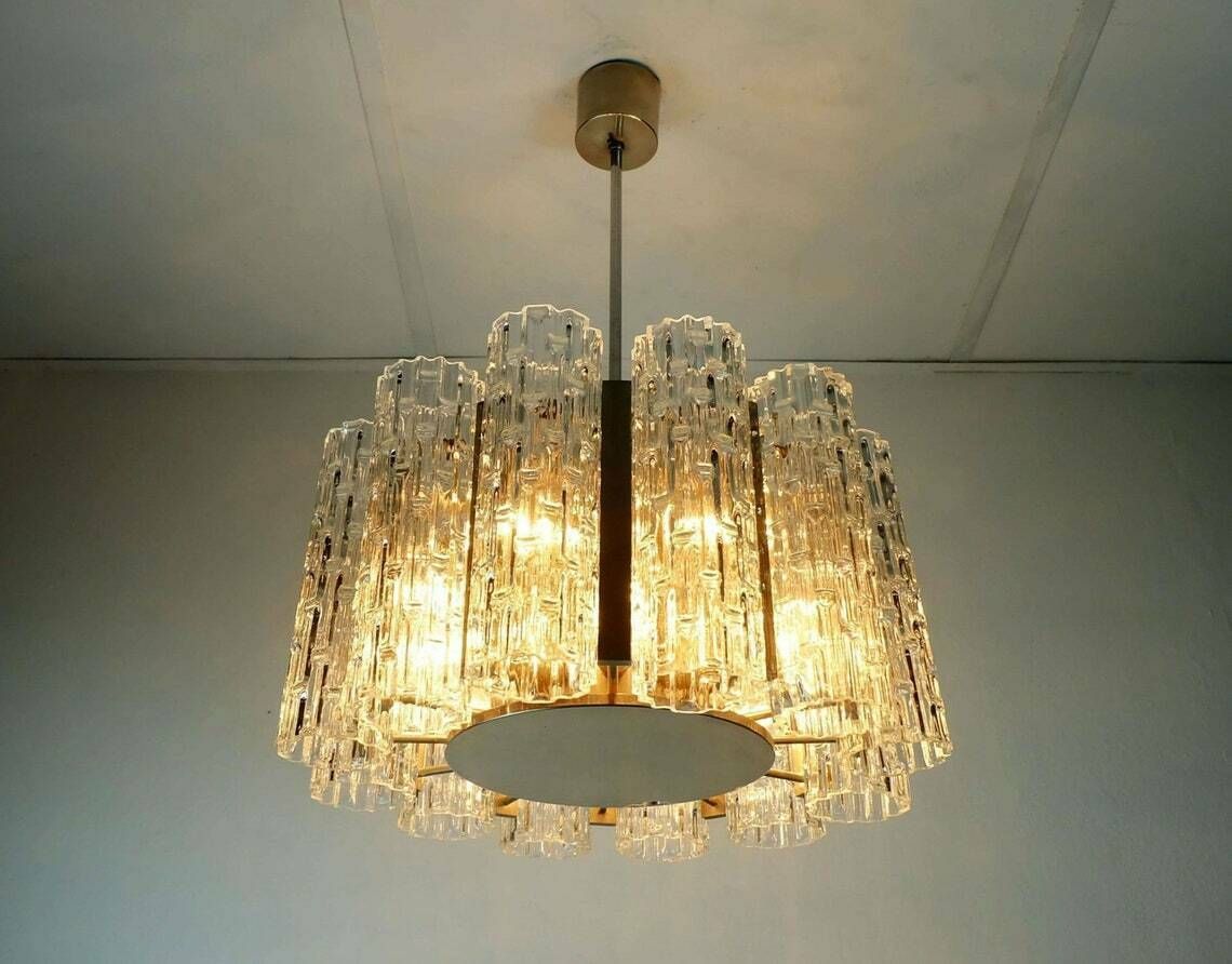 Outstanding 1960s Kaiser Mid Century Chandelier Chrome Hanging Light With 12 Glass Tubes