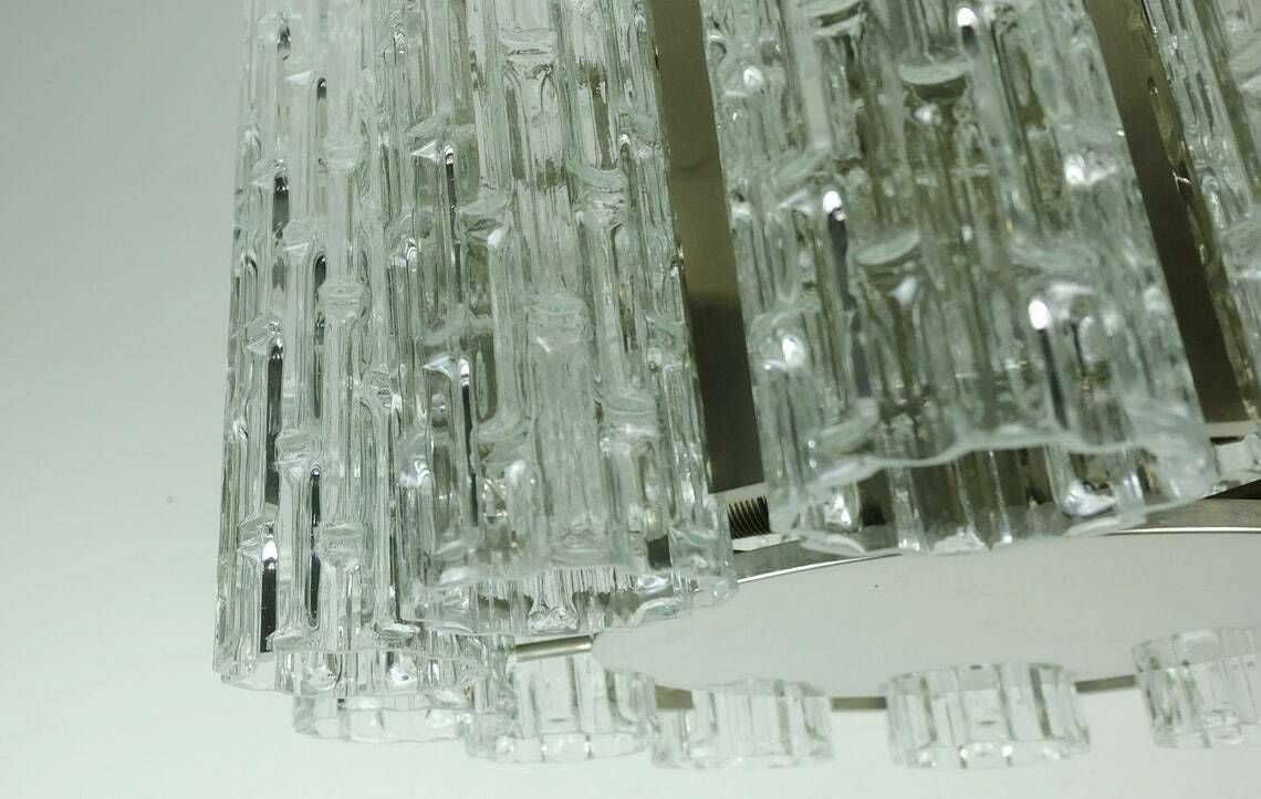 Outstanding 1960s Kaiser Mid Century Chandelier Chrome Hanging Light With 12 Glass Tubes photo for sale