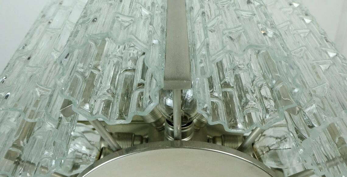 Outstanding 1960s Kaiser Mid Century Chandelier Chrome Hanging Light With 12 Glass Tubes photo vinterior
