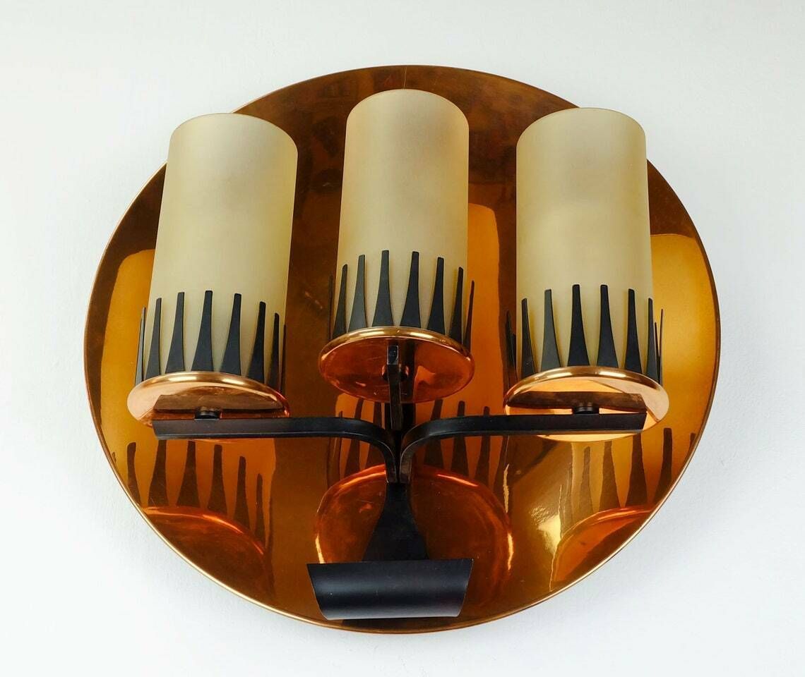 Rare And Outstanding Mid Century Sconce Wall Lamp Stilnovo Era Copper Metal Glass