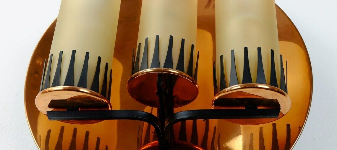 Rare And Outstanding Mid Century Sconce Wall Lamp Stilnovo Era Copper Metal Glass photo vinterior