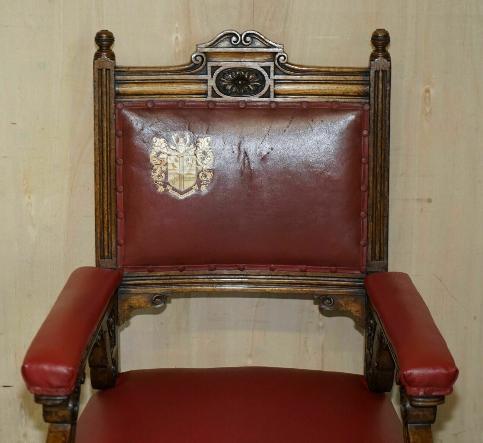 Heavily Carved English Antique Victorian Armchair + Coat Of Arms Armorial Crest photo for sale