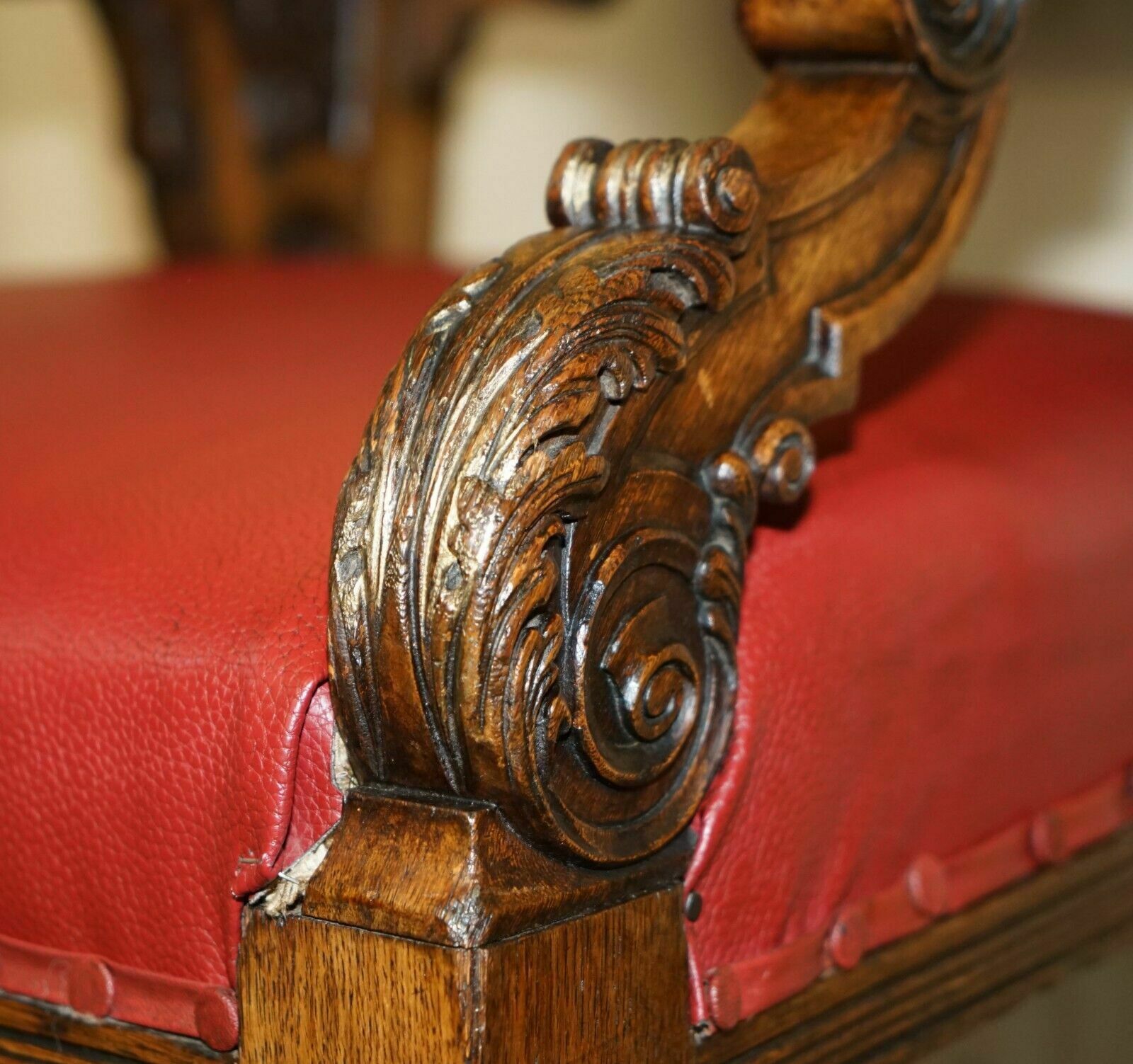 photo buy Heavily Carved English Antique Victorian Armchair + Coat Of Arms Armorial Crest