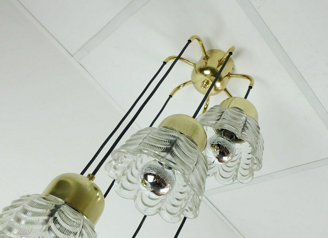 photo furniture 1960s Mid Century Pendant Light Cascading Lamp 7 Flower Shaped Glass Shades And Brass Chandelier